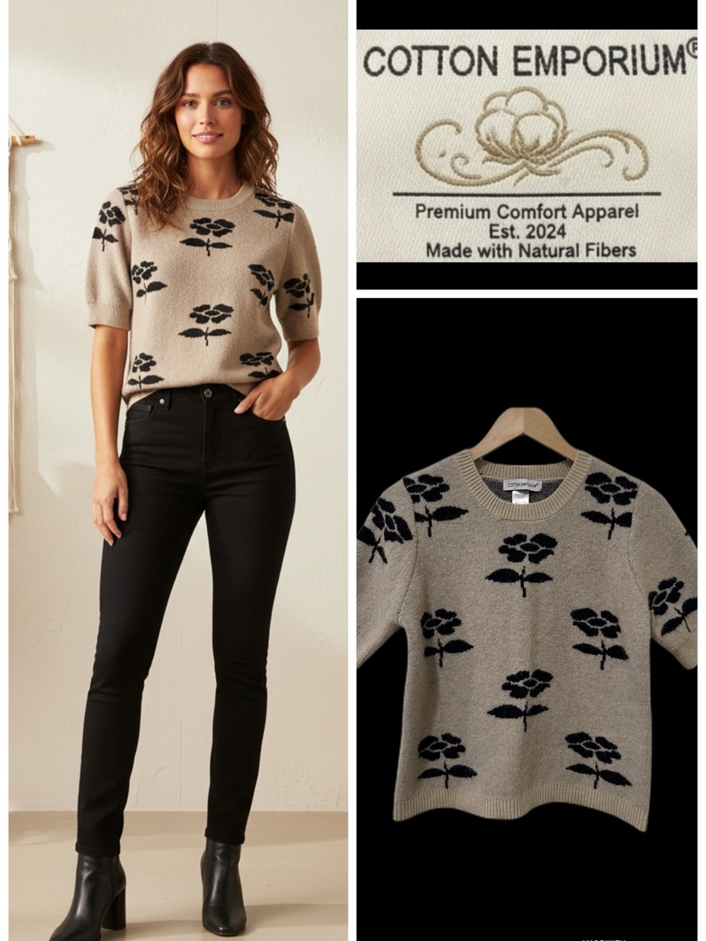 Cotton Emporium Floral Short Sleeve Sweater XL